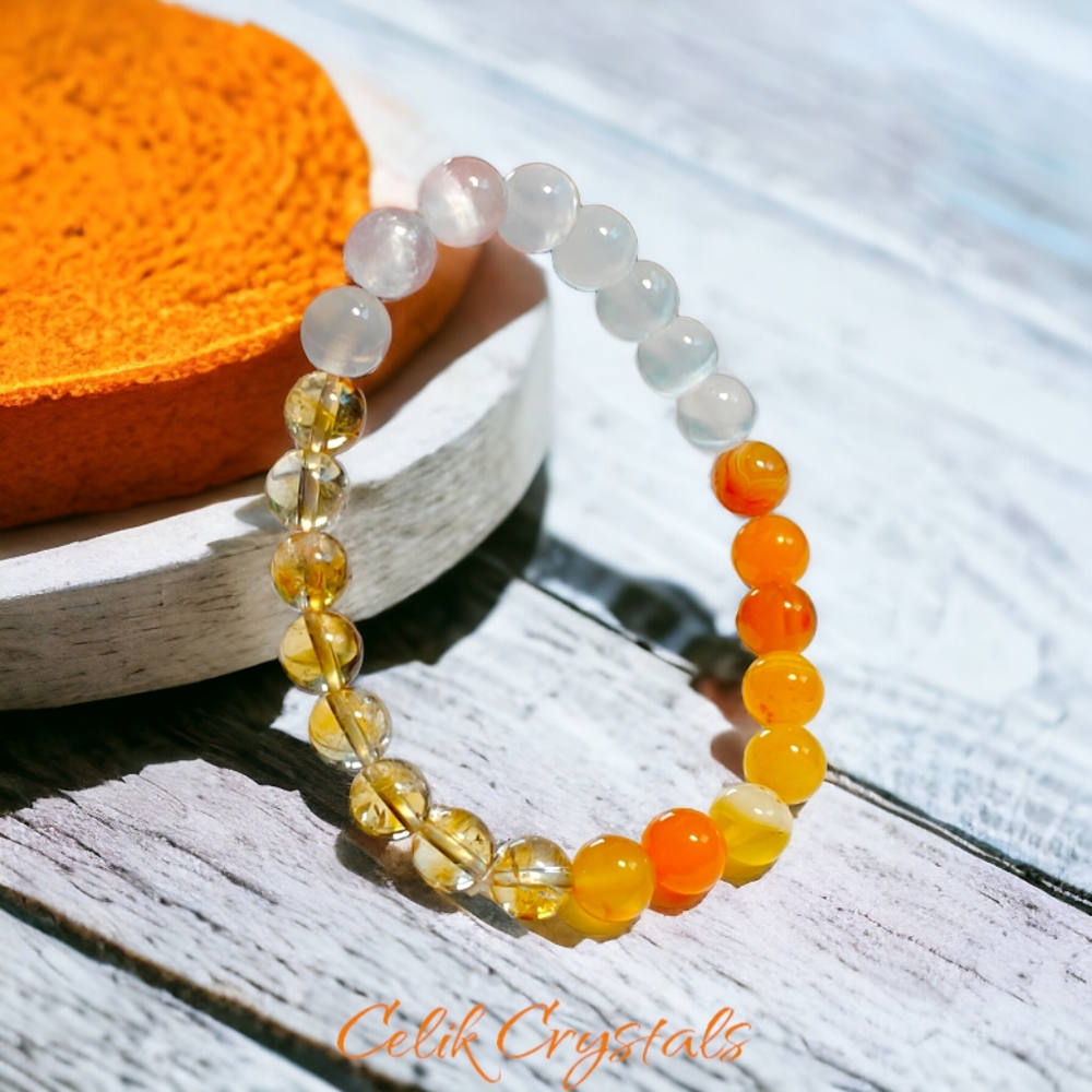 Citrine, Selenite and Orange Agate Bracelet Natural Stones 8mm Stretches Unisex